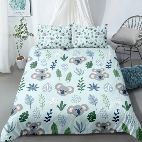 Sets 3d Koala Duvet Cover Set Mikrofaser Cartoon Blätter Babybär Australische Wildtier -Bettzeug Set Queen -Size -Trösterabdeckung