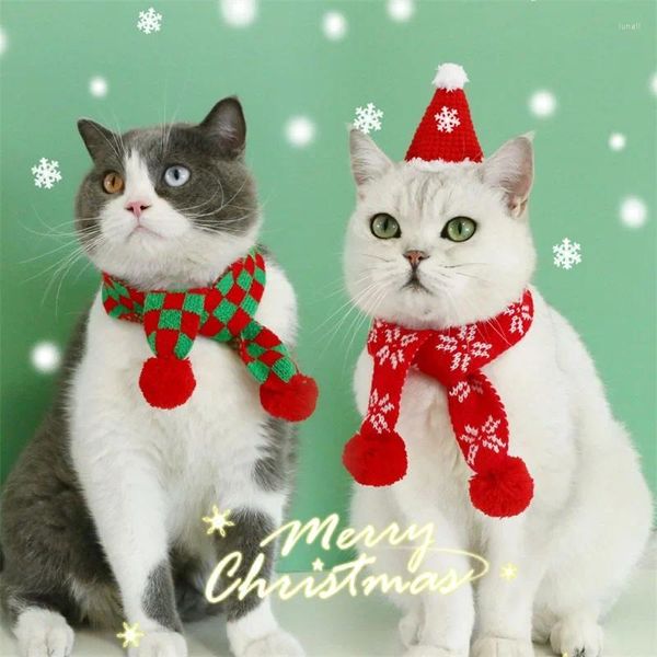 Kedi Kostümleri Noel Örgü Pet Eşarp Yıl Köpek Tatil Kar Tanesi/Ekose Eşarplar