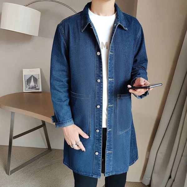 Mid-länge Denim Windjacke Jacke Männer Frühling Herbst Casual Trenchcoat Koreanische Mode Feste Wilden Lose Männlichen Trendy Oberbekleidung 240227