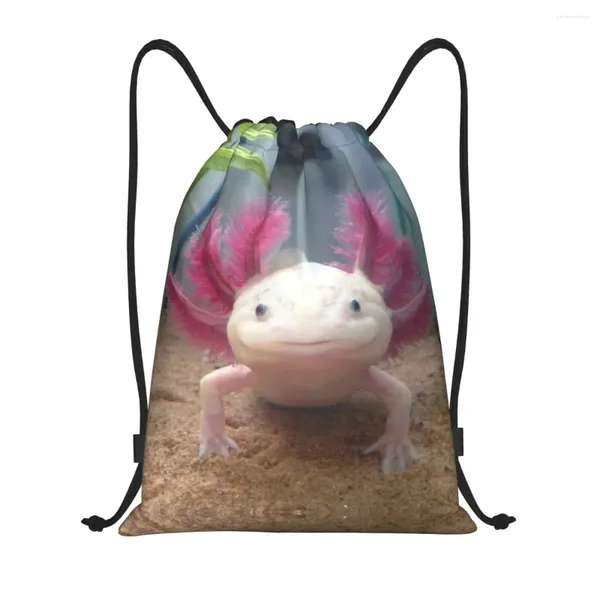 Sacos de compras Sorrindo Leucistic Axolotl Drawstring Mulheres Homens Portátil Esportes Ginásio Sackpack Salamandra Animal Mochilas