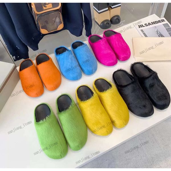 Unissex crina de cavalo tamancos chinelos mulheres homens dedo do pé redondo cavalo slides sandálias dedo do pé fechado homem mulher preto rosa vermelho verde cor pura mules designer sapatos apartamentos tênis