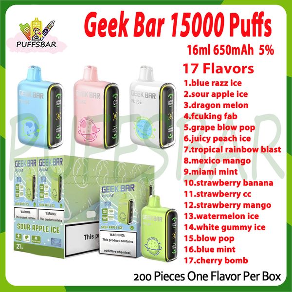 Penna Vape usa e getta originale Geek Bar 15000 Pod preriempito da 16 ml Batteria ricaricabile 650mAh 5% Livello 17 Sapori Kit vaporizzatori da 15K