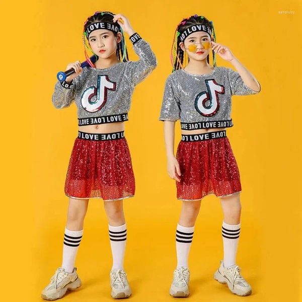 Stage Wear Girl Costume da ballo jazz per ragazze Ombelico esposto Marea Calorie Costumi Bambino Cheerleader Abbigliamento Hip Hop