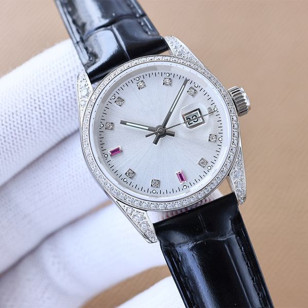 Diamant-Lünette-Uhr für Damen, Designer-Uhren, Datumsanzeige, automatisches mechanisches Uhrwerk, 32 mm, hochwertiges Lederarmband, wasserdichte Armbanduhr, Montre De Luxe