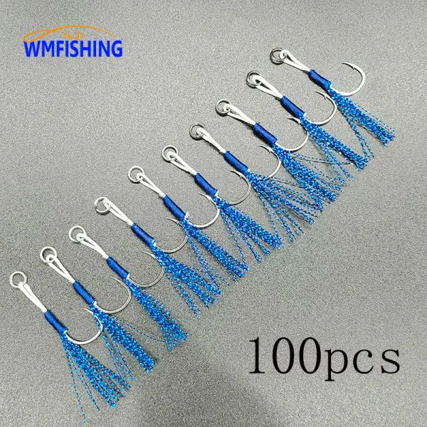 Angelhaken 100 Stück/Lot Barbed Assist Hooks Jig Lure Hooks High Carbon Steel Fishing Lure Accessories Pesca Slow Jigging Hooks Blue Green