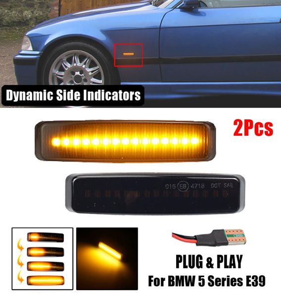 2 pçs dinâmico led marcador luz do carro fender lado amarelo fluindo sequencial turn signal light 12v para bmw série 5 e39 19952003 m55321089