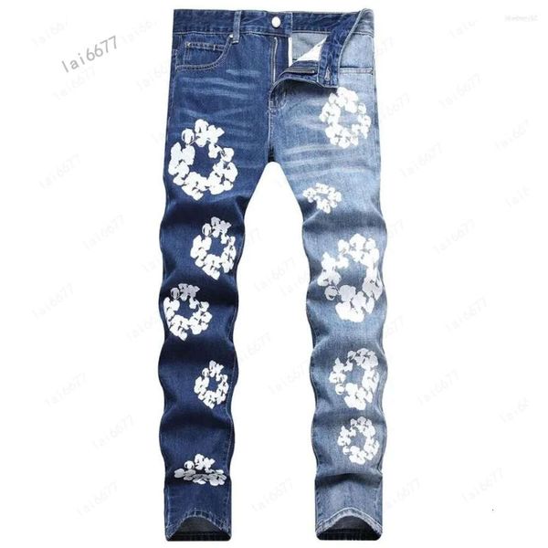 2024 calças de brim masculinas flor impressão moda contraste cor emendado estiramento denim calças pintadas magro calças retas azul preto branco