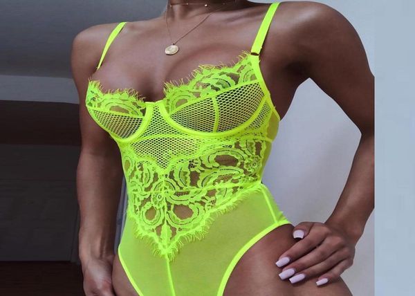 Ellolace Neon Green Lace Mesh Elegante Body Donna Tuta femminile Backless Trasparente Bodycon sexy Body estivo Tute T2003697670