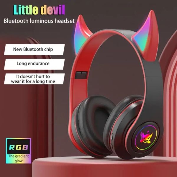 Cuffie/Cuffie Devil Ear Cuffie senza fili Gamer Girl Boy RGB Cute Cat Ears Cuffie con microfono Musica stereo Auricolare Regali per bambini