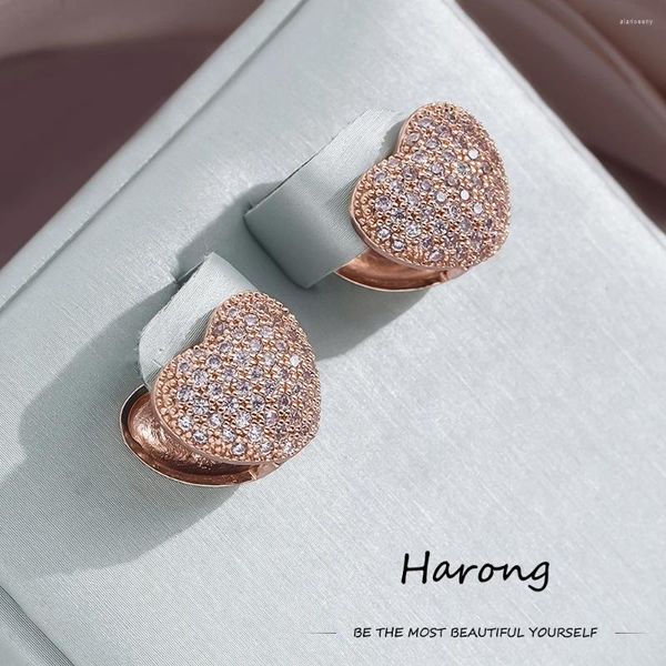 Brincos de argola harong 585 cor ouro rosa cristal coração aço inoxidável amor joias estéticas para mulheres presentes para meninas