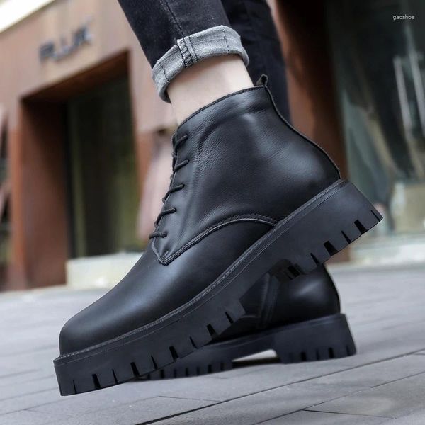 Botas de inverno masculino designer alto trabalho preto grosso fundo bota de couro sapatos casuais para homens motocicleta