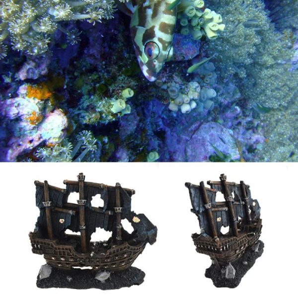 Decorazioni Decorazione della nave pirata in resina Abbellimento dell'acquario Decorazione del serbatoio di pesce Decorazione del naufragio Artigianato del paesaggio della nave