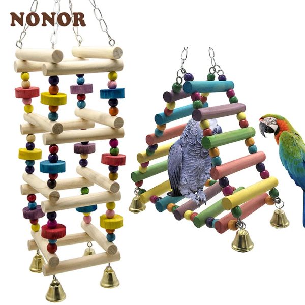 Brinquedos nonor papagaios brinquedos pássaro balanço exercício escalada pendurado escada ponte de madeira arco-íris pet papagaio acessórios brinquedo pássaro com sino