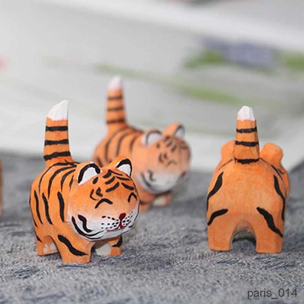 Gefüllte Plüschtiere, neue Holzschnitzerei, Kätzchen-Tiger-Ornamente, Modell, handgefertigt, niedliche Miniatur-Schreibtisch-Tierdekoration, Figur, Kinderspielzeug, Geburtstagsfeier