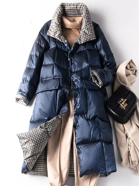 Coats Sedutmo Winter Long Down Jackets Women Ultra Light Plaid Coat Autumn Double -Side Hedge Oversize Puffer Jaqueta ED1184