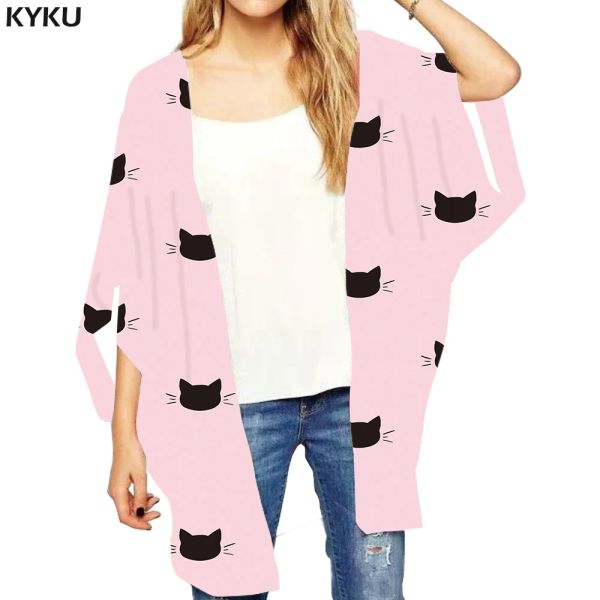 Рубашка Kyku Brand Cat Shape Kimono Женские животные кардиганы розовые рубашки граффити с открытыми блузками для блузки 3D Blow