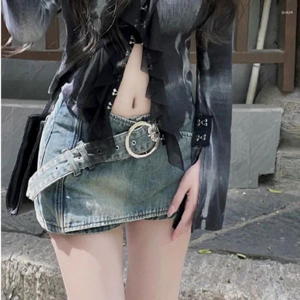 Röcke Spicy Girl Denim Halbrock Cocktailkleid Frauen S Sexy Sommer Großer Design Sinn Gürtel Hohe Taille Slim Wrap Hüfte Y2k Skort Fa