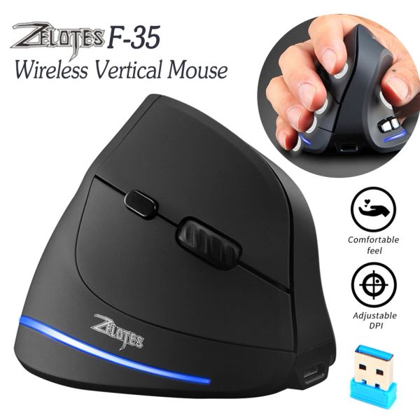 Ratos ZELOTES F35 Gaming Mouse Vertical Azul Luz Fria 6 Botões 2400 DPI Ajustável Sem Fio Ergonômico Óptico Vertical Ratos para PC