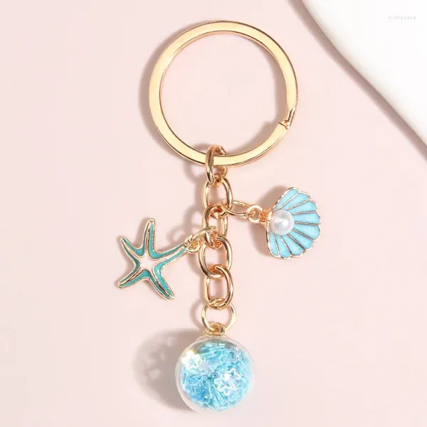 Anahtarlık sevimli emaye anahtar zincir kabuğu denizyıldızı anahtar yüzüğü pentagram cam boncuk zincirleri kadınlar için deniz hediyeleri DIY el yapımı mücevher