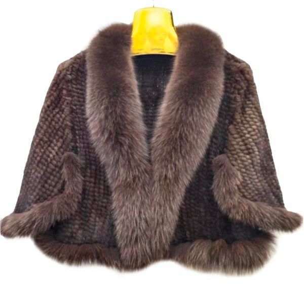 Pele 100% natural genuíno pele de vison xale com gola de pele de raposa inverno feminino real casaco de pele de vison malha moda senhoras cardigan capa de pele