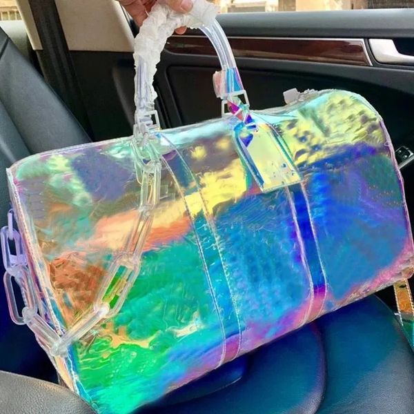Designer unisex bagagem saco tote bolsas de viagem esportes ginásio ombro crossbody arco-íris laser holográfico sacos transparentes duffle sacos cor brilhante