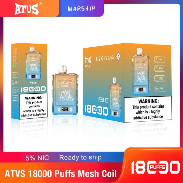 ATVS WARSHIP 18000 Puff 18K Einweg-Vapes Pen E-Zigarette 0% 2% 3% 5% Verdampfer Aufladen Mesh Coil Vape Pen Ship One Day 12000Puffs Vs Tornado 12K 9K 9000 7000 7K