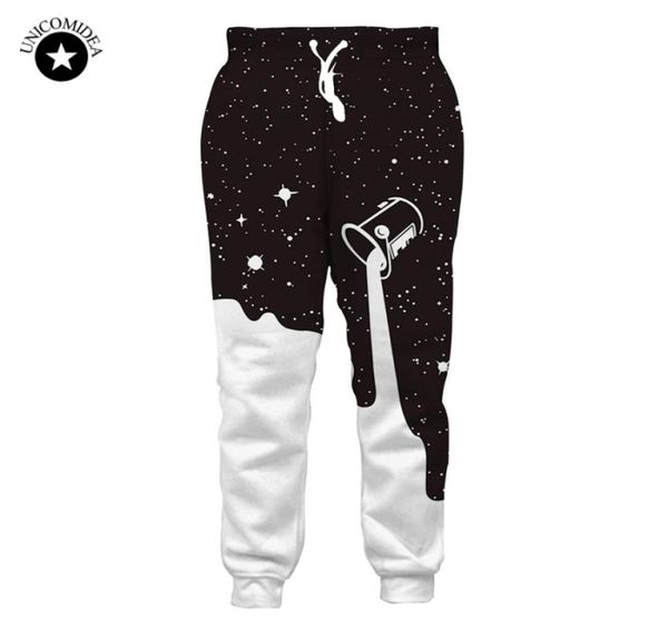 Joggers homens sweatpants engraçado galáxia derramando leite impressão 3d calças preto branco cor solta calças casuais pantalones hombre cx2006298725395