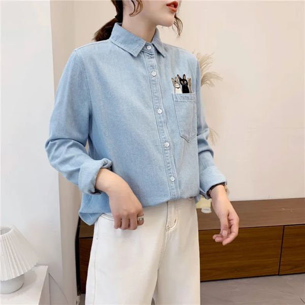 Hemden Denim Damen Blusen Hemden Tunika Damen Tops und Blusen 2020 Langarm Kleidung Button Up Down Niedliche Katze Neue Herbststickerei