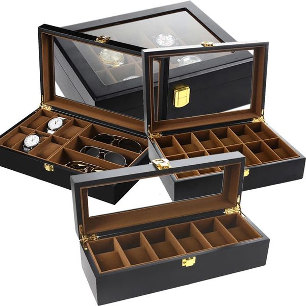 6 10 12 Slot Caixa de relógio de madeira organizador Hoder Watch Stand Display Storage Case Real Glass Top para homens e mulheres presente de feriado 240226