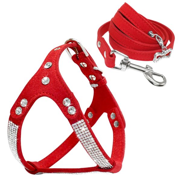 Sets Hundegeschirr Leine Set Bling Strass Welpen Hundegeschirr Wildleder Leder Haustierweste mit Leine verstellbar für kleine mittelgroße Hunde Mops