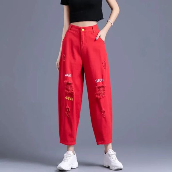 Calças de brim femininas rasgadas bordado baggy primavera verão coreano moda vermelho cintura alta perna larga cortada calças jeans magro casual