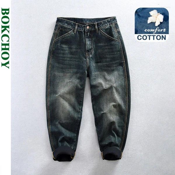 Jeans masculinos 2024 outono retro lavado homens roupas casuais algodão solto calças retas k1031