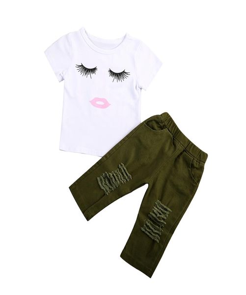 Kid Little Baby Girls Ciglia Tshirt Top Jeans strappati Pantaloni Set di abbigliamento Neonati Ragazza Abiti super carini Set Abiti estivi2583262