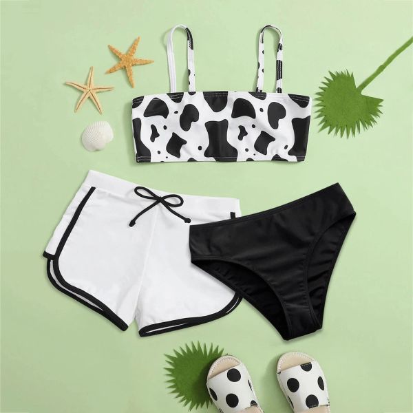 Swimwear Kids Teen Girls da bagno mucca stampicata Summer Giving da bagno Swimesuit trepice Shorts Shorts Set di mutande per nuoto Giovane ragazza 814 anni