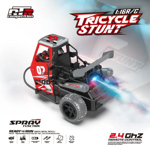 Carros RC Carros 1:16 2.4G 25km / h Controle Remoto Motocicleta Luzes LED Spray Escova de Carbono Motor de Alta Velocidade Três Rodas Deriva Carro Presentes