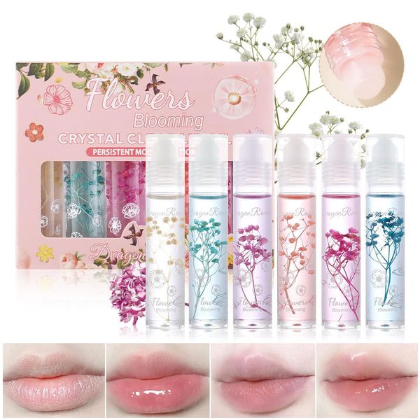 Set di 6 lucidalabbra trasparenti con fiori, roll-on, olio lucidante idratante naturale per labbra, rende le labbra più carnose e idratanti, riparatrici, prodotti per la cura delle labbra