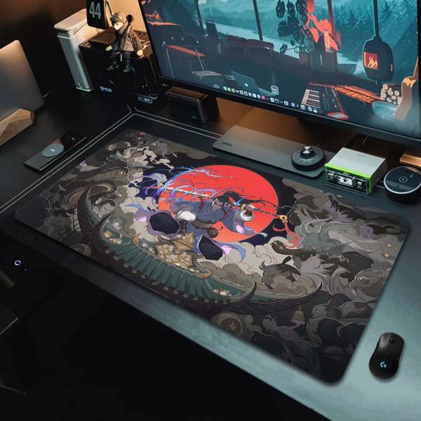 Tappetini Samurai Arte giapponese Tappetino per mouse di grandi dimensioni Gomma naturale PC Gamer Computer Gaming Mousepad Tappetino per scrivania Tappetini per tastiera con bordo di chiusura