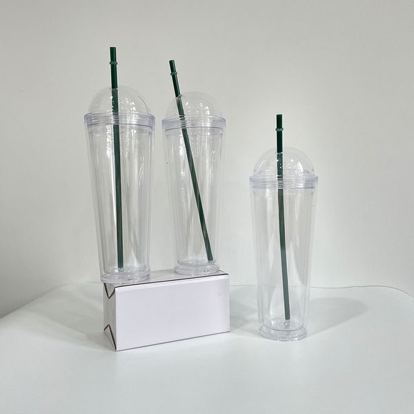 Yeniden kullanılabilir kubbe kapağı önceden delinmiş plastik kar küresi 24 oz duvar berrak BPA ücretsiz akrilik su bardağı içecek kapakları ve pipetlerle, vinil için uygun