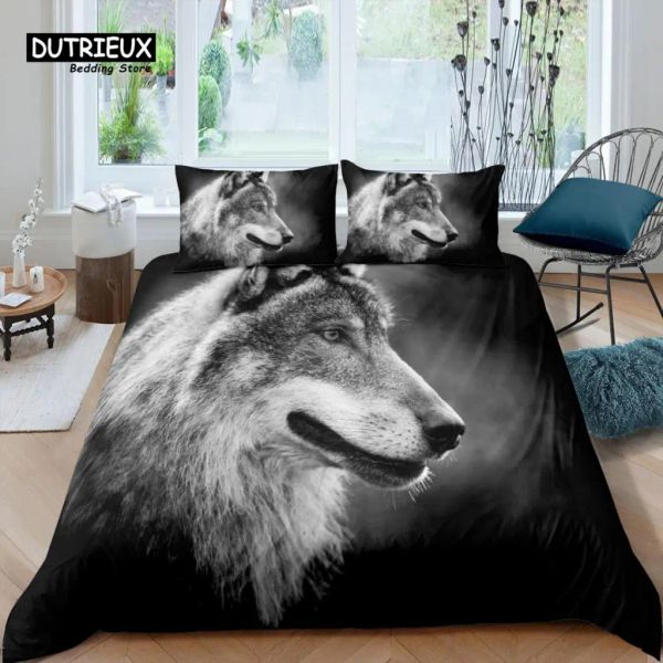 Set Home Living Luxus 3D Wolf Bettwäsche Set Tier Bettdecke Kissenbezug Königin und König EU/US/AU/UK Größe Trösterbettwäsche schiere Vorhänge