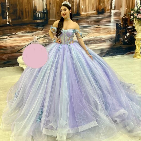 Lilla Splendidi abiti Quinceanera per 16 anni Abito da ballo Sexy al largo della spalla Applique Tull Abito lungo da festa per ragazza abiti da 15