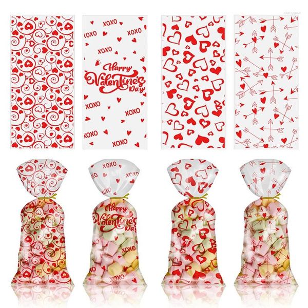 Подарочная упаковка, 100 шт., мешок конфет на день Святого Валентина, комбинированный Opp, прозрачная упаковка с плоским горлышком, красные праздничные принадлежности для свадебной вечеринки