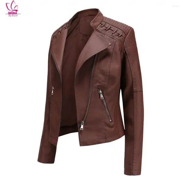 Giacca da donna in pelle SUSOLA Lady colletto rovesciato PU giacche finte giacca di lusso da donna cappotto da motociclista nero rosa rosso