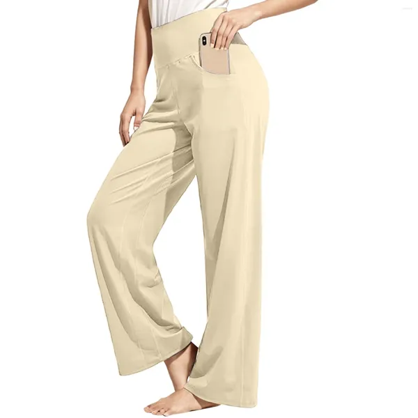 Calças femininas para mulheres moda seda sólida yoga pant perna larga cintura alta em linha reta sweatpants bolsos design estiramento calças casuais
