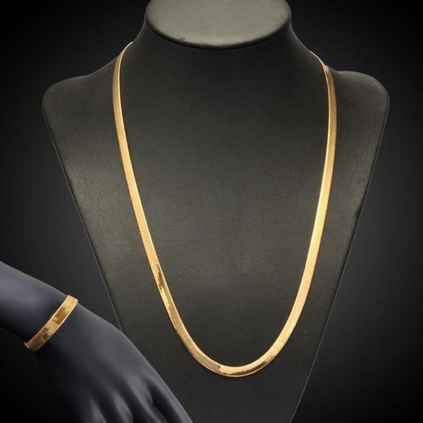 Серьги, ожерелье, 7 мм, классический стиль, плоские браслеты из змеиной кости, наборы браслетов для мужчин и женщин, цепочка в елочку, позолоченные ювелирные изделия302c