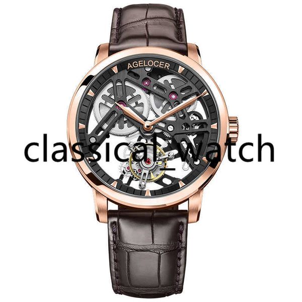 Agelocer marca tourbillon relógio masculino reserva de energia 80 marca superior luxo esqueleto safira pulseira couro relógio