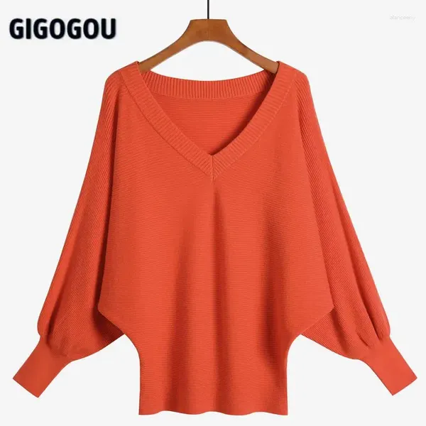 Suéter feminino gigogou manga morcego suéter feminino sexy decote em v mulher pulôver oversized casual solto malhas jumper tops femme