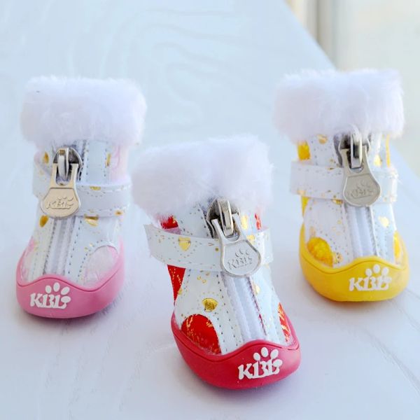 Schuhe Liebe Bling Mit Fell Kleine Hund Schuhe Winter Warme Pe Outdoor Antislip Schnee Stiefel Für Shih Tzu Chihuahua 4 teile/los Rot, Gelb, Rosa