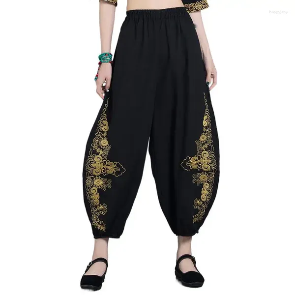 Женские брюки, женские винтажные брюки с эластичной резинкой на талии и вышивкой, черные широкие брюки, модные уличные модные шаровары, весенние хлопковые льняные брюки
