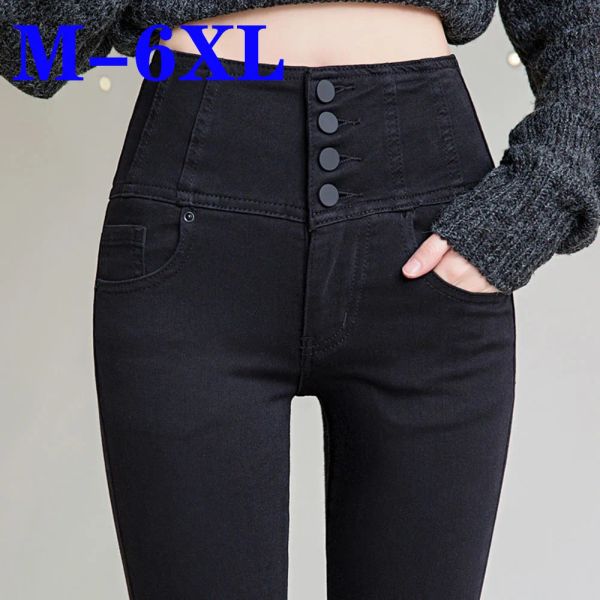 Леггинсы с высокой талией, джинсы на пуговицах спереди для женщин, эластичные джинсовые черные классические брюки для миниатюрных размеров M 6XL с карманами, брюки большого размера