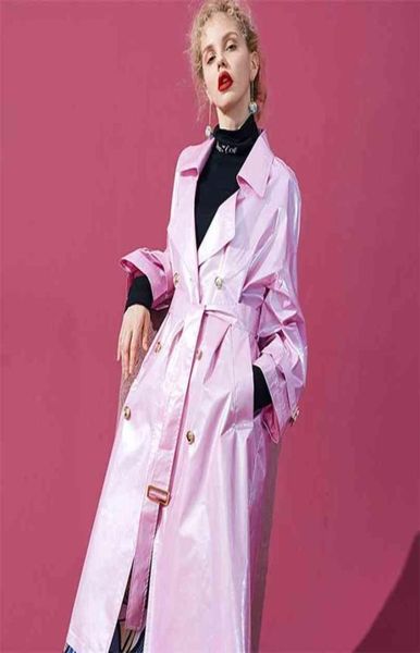 Lautaro Rosa langer Lackleder-Trenchcoat für Damen, zweireihiger Ärmel, übergroße, hochmodische Damenbekleidung 2109149807696